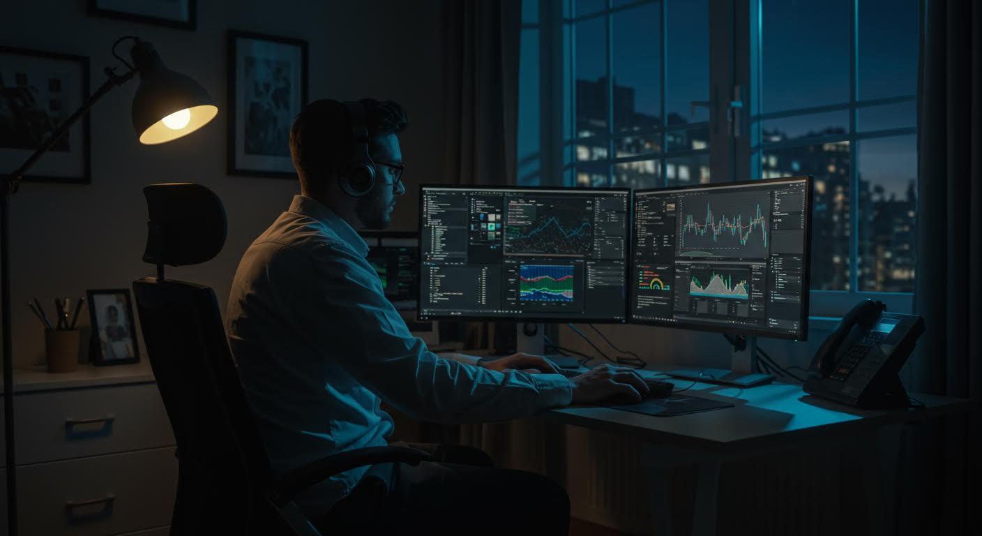 Informaticien concentré dans un bureau moderne analysant des données de cybersécurité.