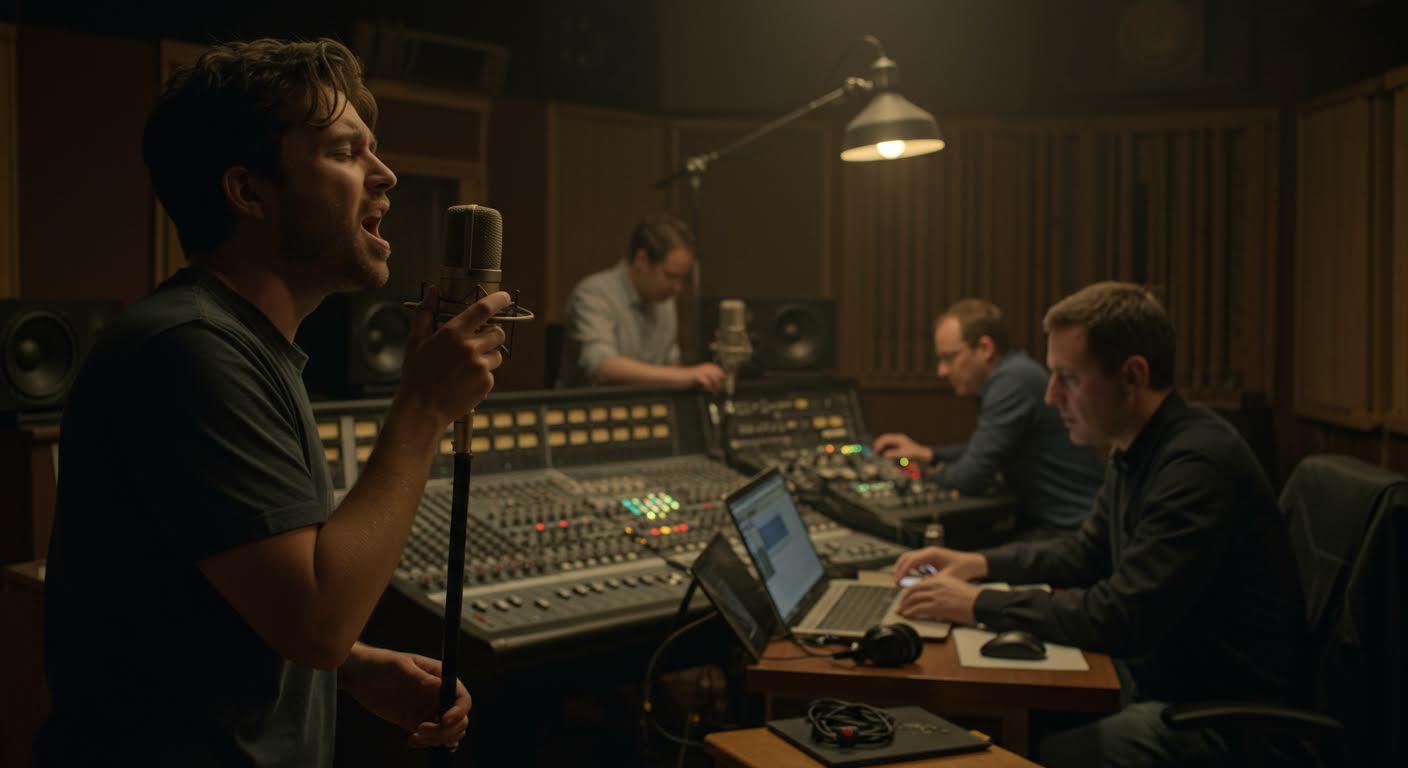 Chanteur passionné enregistrant dans un studio moderne, sous l'œil attentif d'ingénieurs.