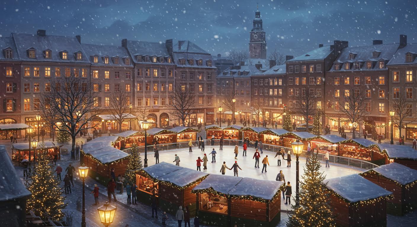 Marché de Noël animé en ville avec patinoire et éclairage festif au crépuscule.
