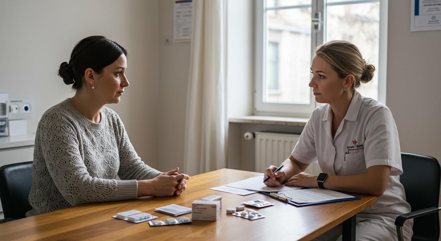 Consultation médicale dans un bureau moderne en France, patient inquiet et professionnel en uniforme sobre.