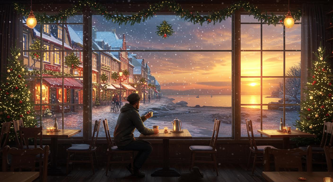 Voyageur solitaire assis dans un café festif, vue sur une rue européenne enneigée et un paysage côtier ensoleillé.