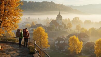 Couple avec sacs à dos surplombant un village européen en automne, entouré d’arbres dorés et de brume.