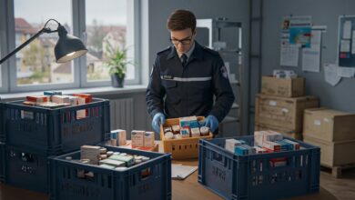 Inspecteur des douanes français examinant des médicaments dans un bureau moderne.