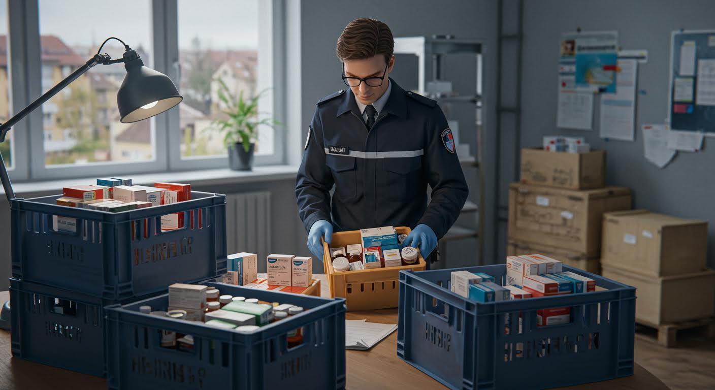 Inspecteur des douanes français examinant des médicaments dans un bureau moderne.