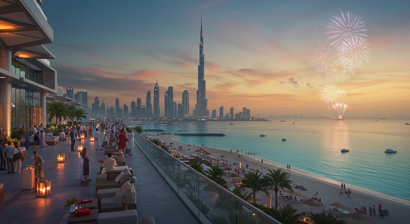 Vue sur une terrasse de luxe avec plage et skyline futuriste au coucher de soleil.