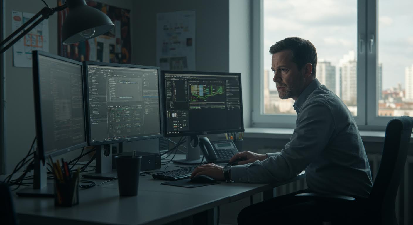 Professionnel de l'IT analysant des écrans dans un bureau moderne éclairé par la lumière du jour.