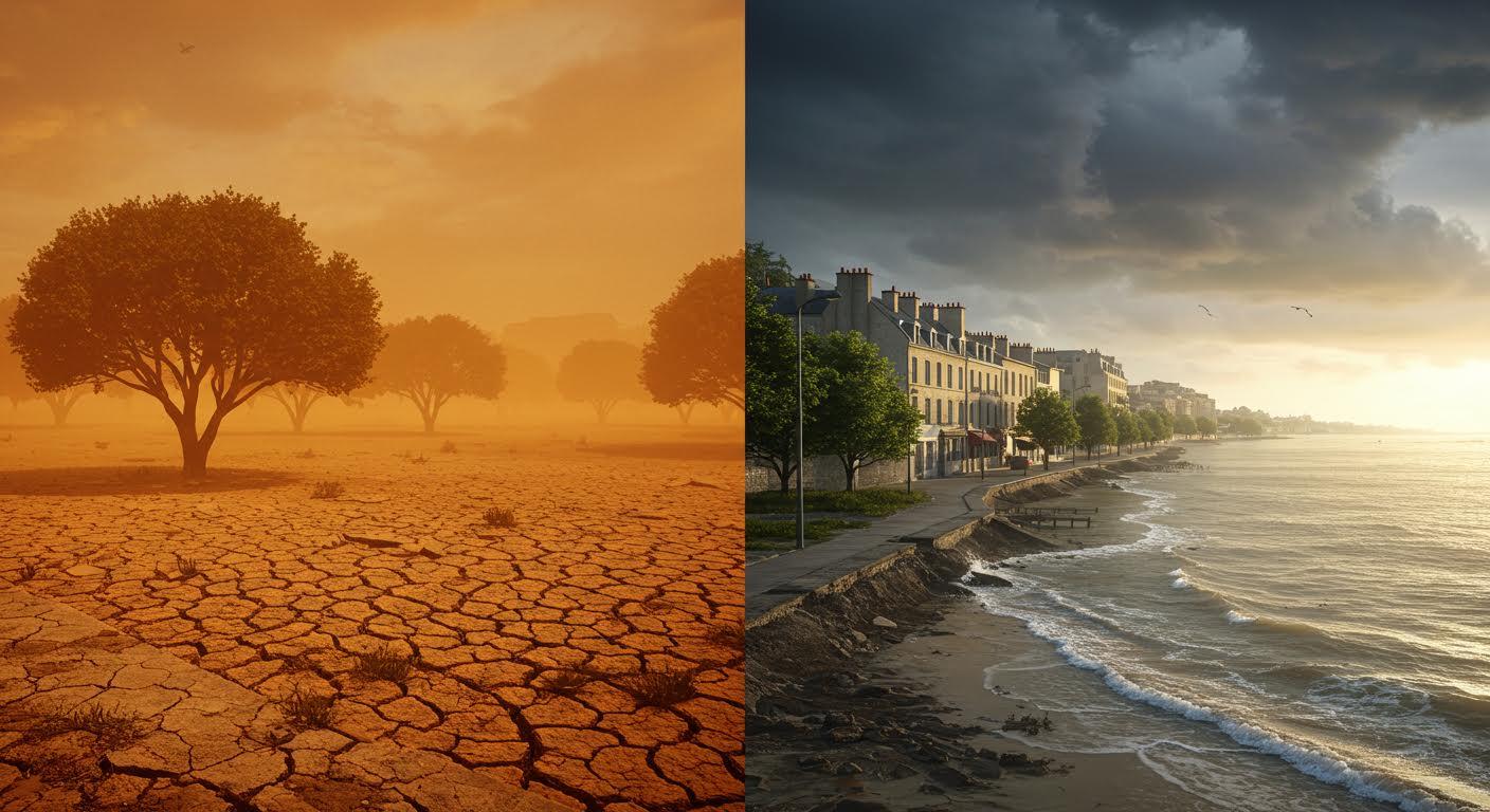 Paysage français futuriste montrant sécheresse urbaine et inondations côtières.
