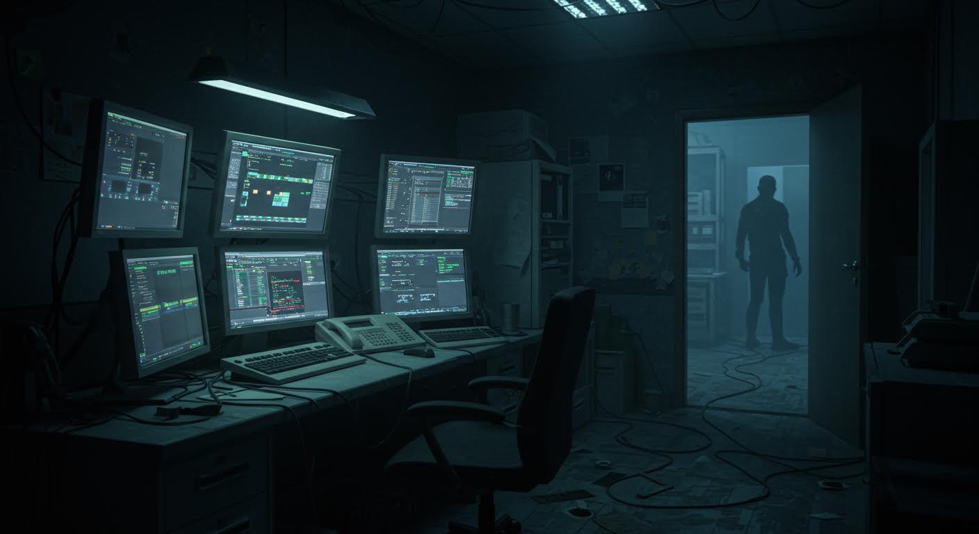 Bureau sombre avec ordinateur obsolète et câbles épars, figure mystérieuse en arrière-plan.