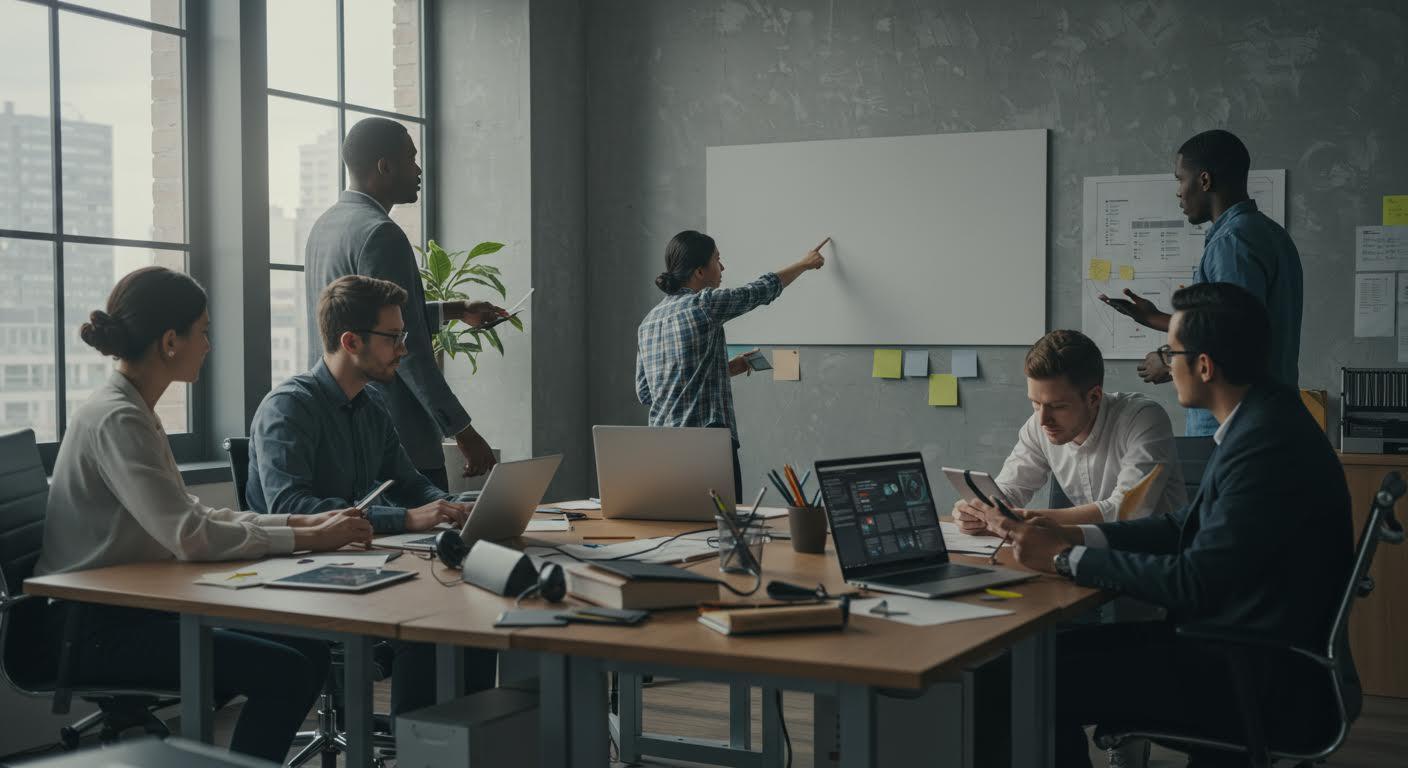Équipe diverse d'IT collaborant sur une transition technologique dans un bureau moderne.
