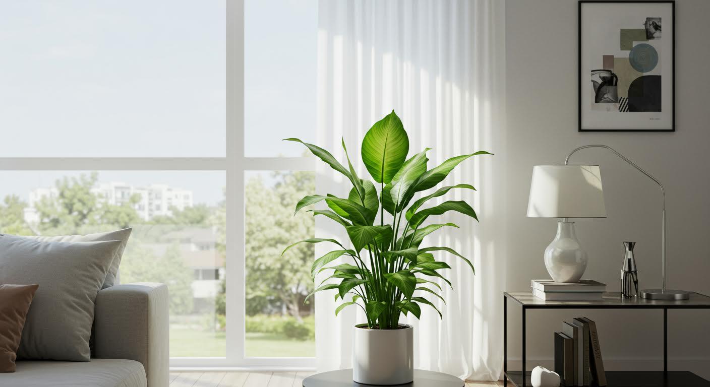 Espace moderne éclairé naturellement avec un Spathiphyllum sur une table, évoquant la purification de l'air.