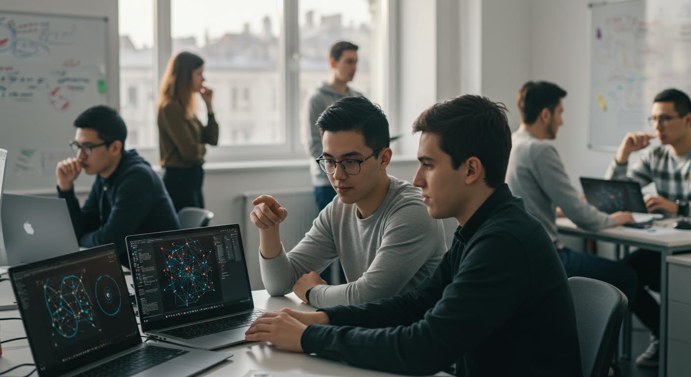 Groupe diversifié d'étudiants en laboratoire d'IA collaborant autour de postes de travail modernes.