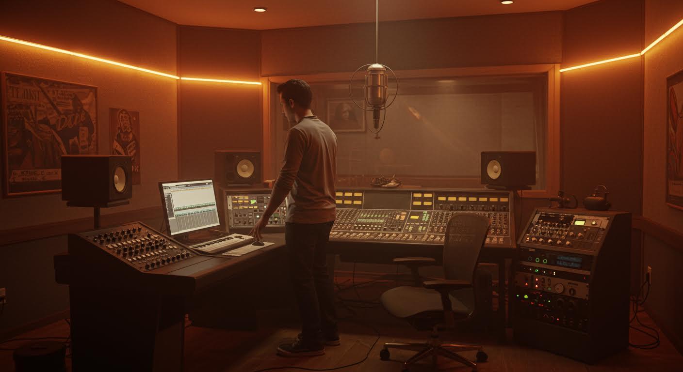 Musicien professionnel dans un studio alliant équipements analogiques et digitaux.