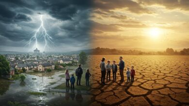 Paysage futuriste français divisé entre inondation et sécheresse, avec personnes discutant.