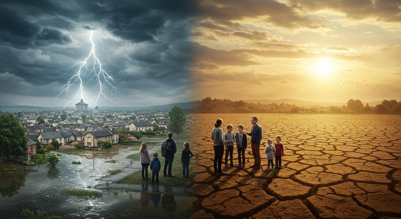 Paysage futuriste français divisé entre inondation et sécheresse, avec personnes discutant.