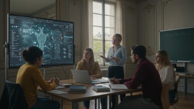 Groupe d'étudiants diversifiés attentifs à un tableau numérique avec éléments d'IA dans une classe élégante.