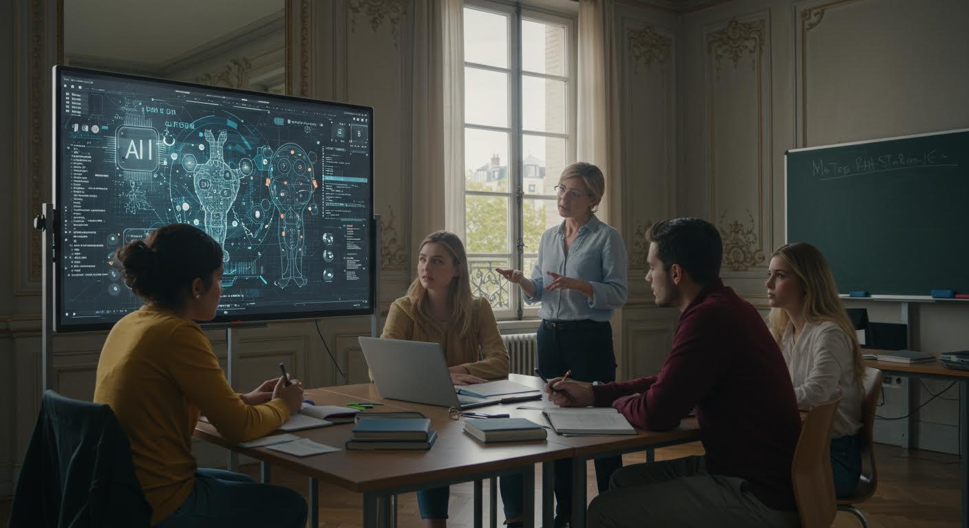 Groupe d'étudiants diversifiés attentifs à un tableau numérique avec éléments d'IA dans une classe élégante.