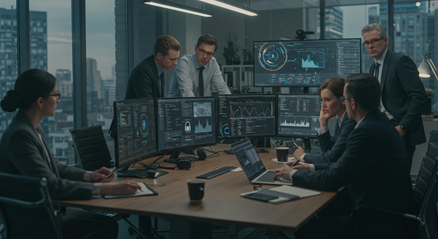 Professionnels divers discutant stratégies de cybersécurité dans un bureau moderne.