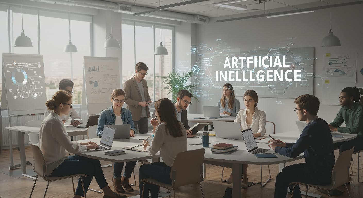 Groupe diversifié étudiant l'intelligence artificielle dans un espace moderne et lumineux.
