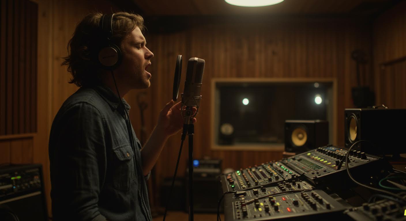 Chanteur enregistre dans un studio moderne mêlant éléments analogiques et équipements numériques.