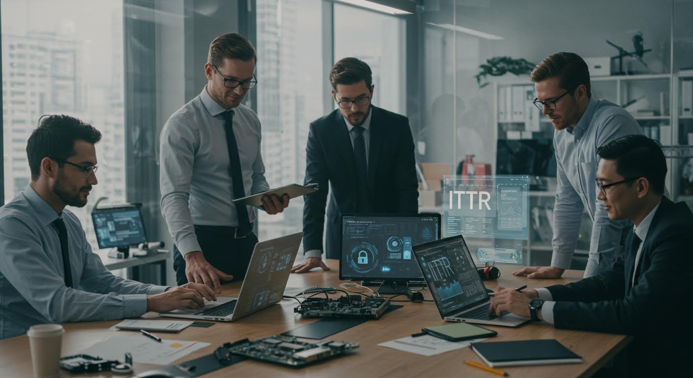 Équipe diversifiée de professionnels en réunion dans un bureau moderne, examinant des ordinateurs et composants, avec éclairage naturel.