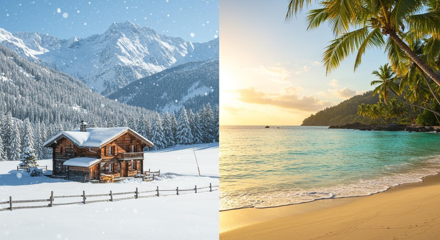 Contraste entre paysage alpin enneigé et plage tropicale ensoleillée.