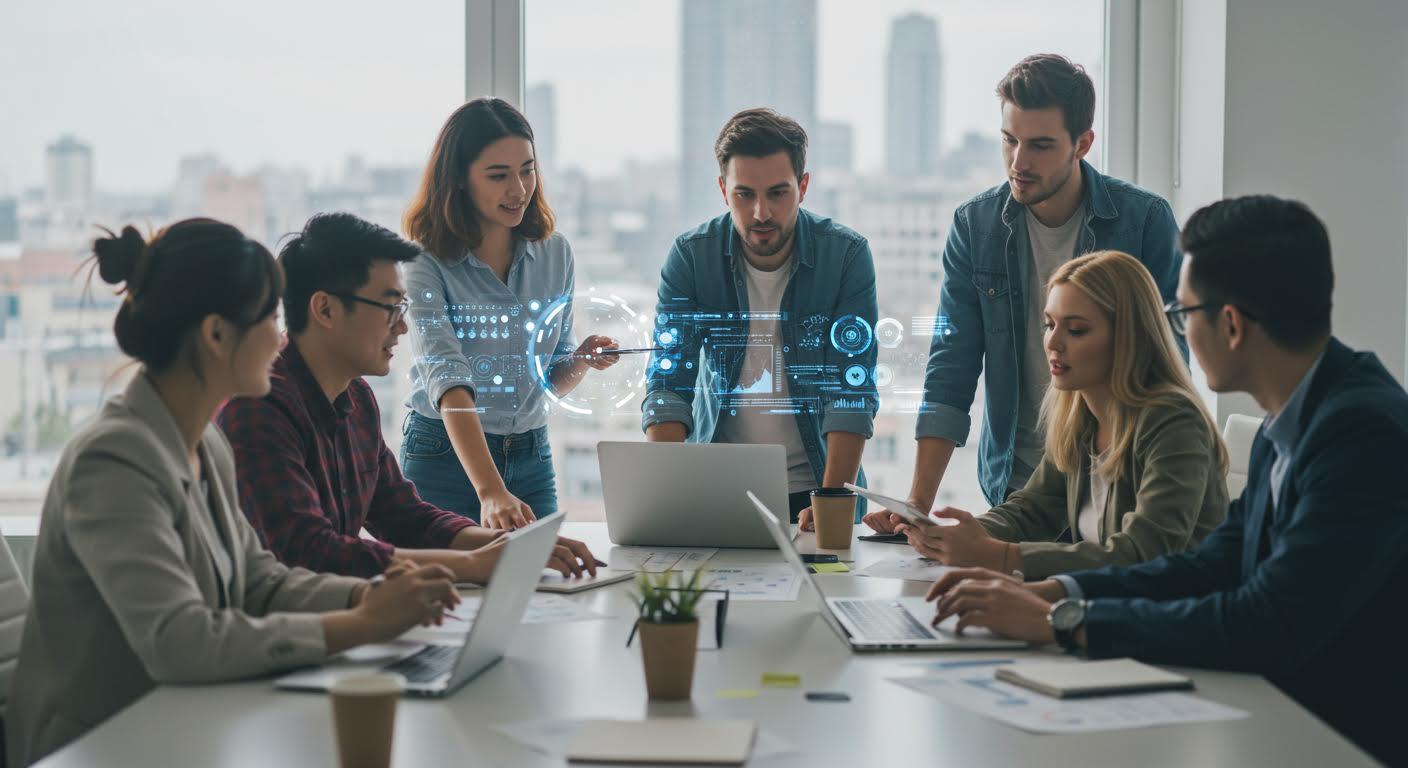 Groupe diversifié de jeunes professionnels discutant autour d'une table avec des appareils high-tech.
