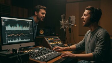 Musicien chantant passionnément au micro dans un studio moderne, ingénieur réglant la table de mixage.