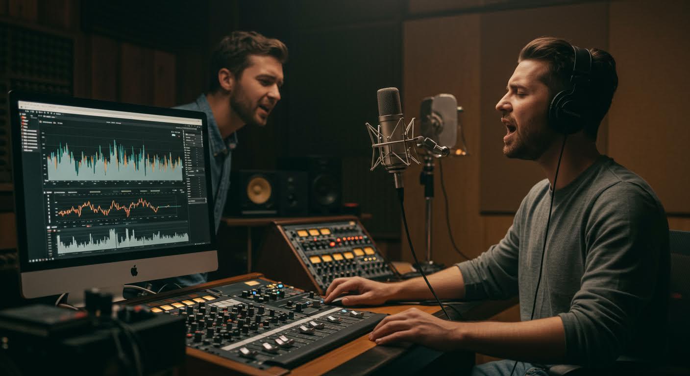 Musicien chantant passionnément au micro dans un studio moderne, ingénieur réglant la table de mixage.