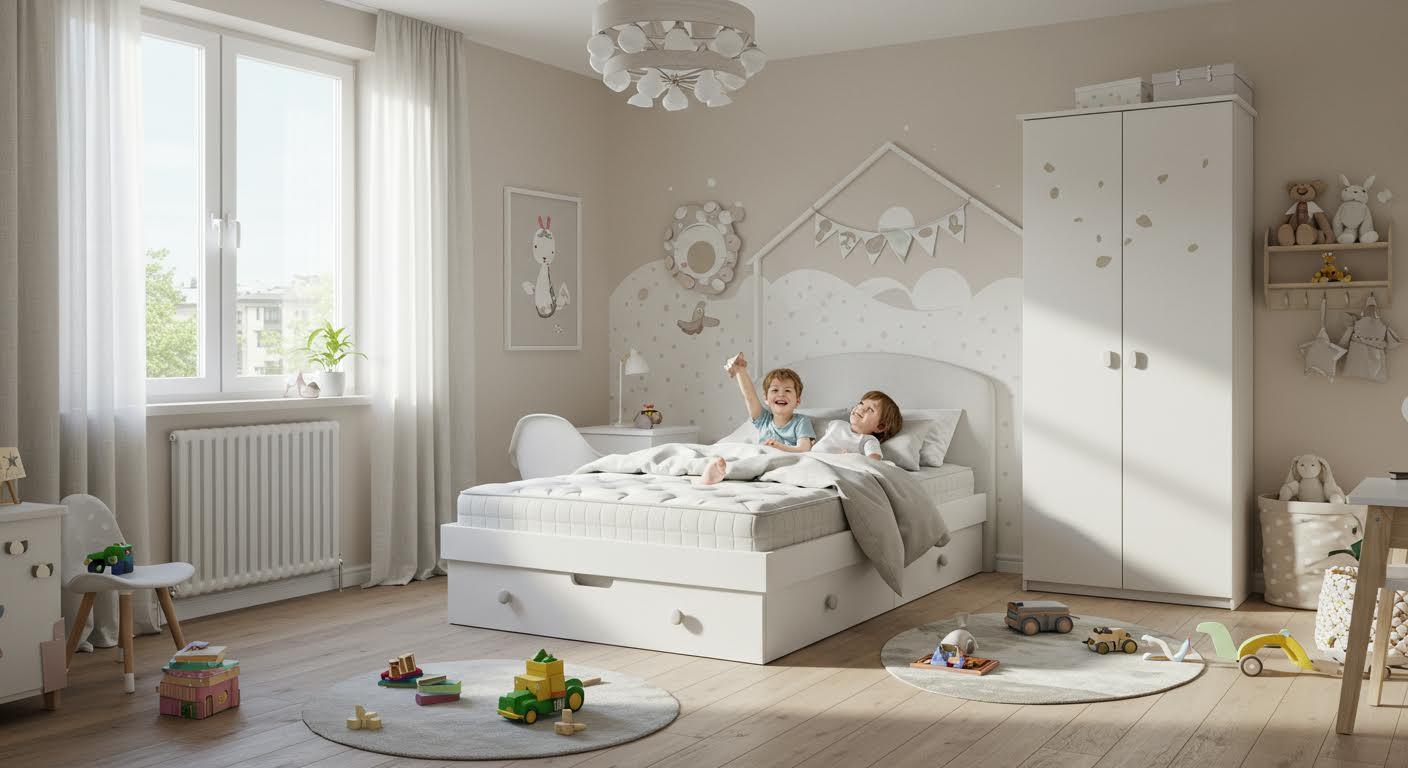 Enfant allongé sur un lit bien fait dans une chambre lumineuse aux couleurs pastel.