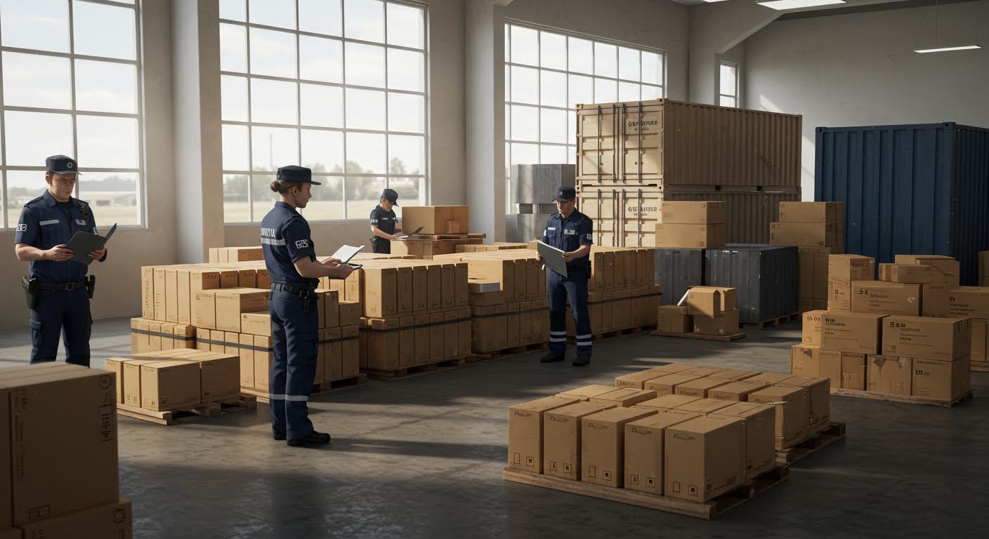 Inspecteurs des douanes examinant des cargaisons de médicaments dans une installation industrielle.