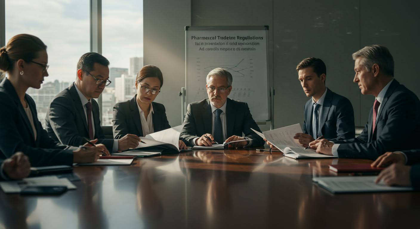 Groupe international de décideurs discutant réglementations dans une salle de conférence moderne.