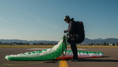 Pilote expérimenté vérifiant l'aile de son parapente près d'un aérodrome, avec montagnes au loin.