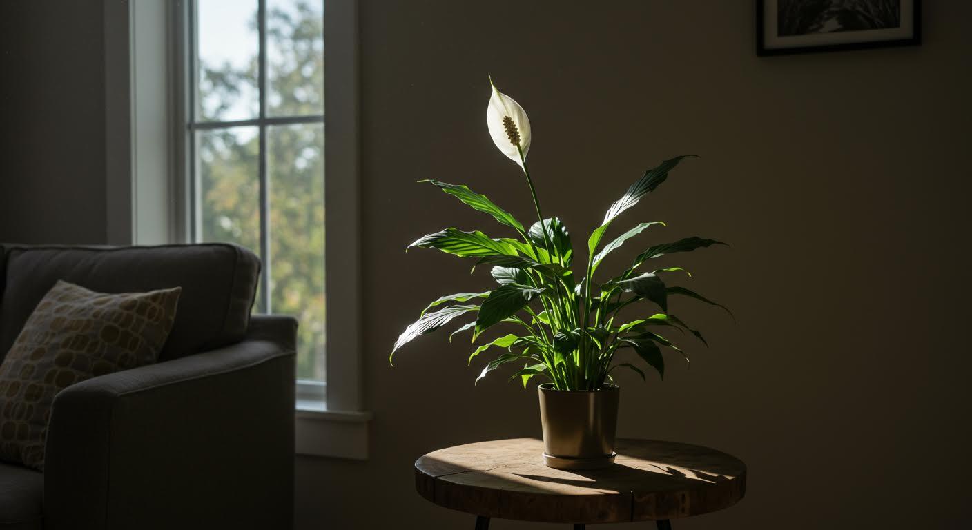 Salon moderne accueillant avec Spathiphyllum à feuilles vertes et fleur blanche sur une table en bois.