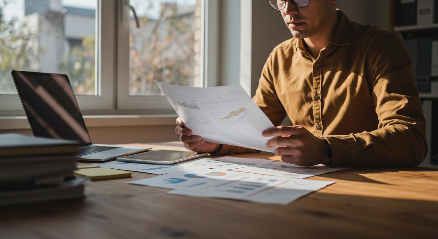 Professionnel concentré travaillant avec documents et ordinateurs dans un bureau lumineux.