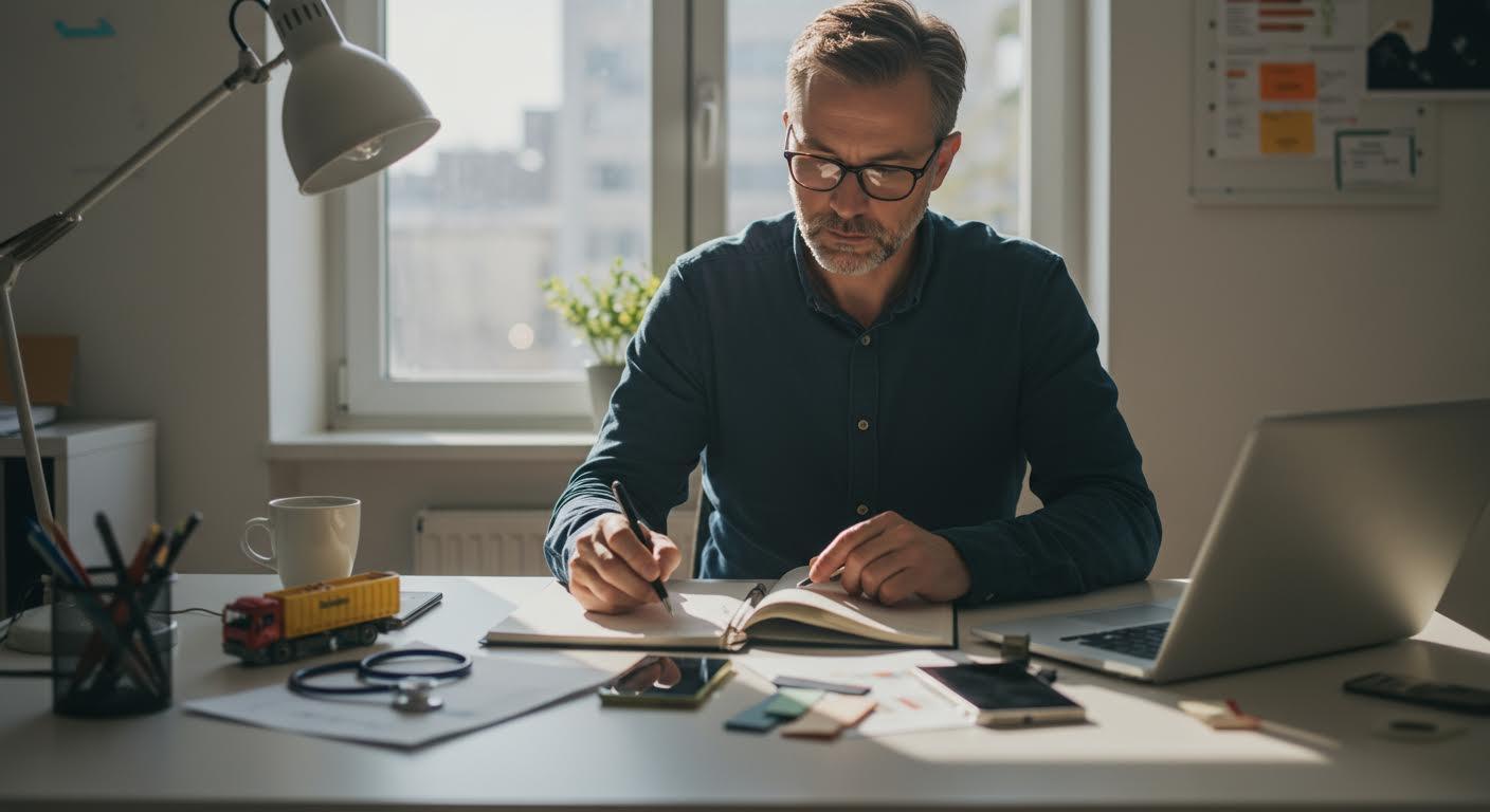 Professionnel concentré à un bureau moderne, organisant des documents et objets d’industries différentes.
