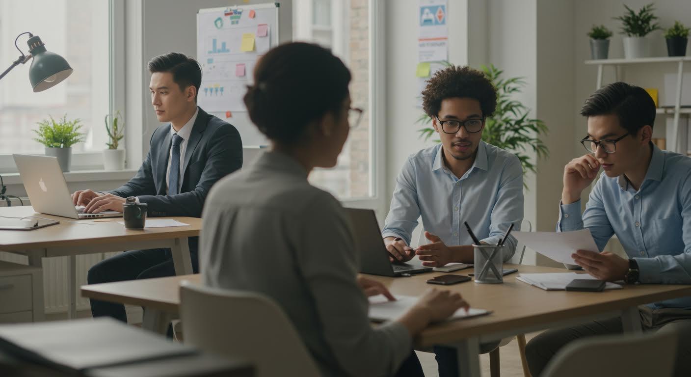 Professionnels divers travaillant dans des espaces connectés et lumineux.