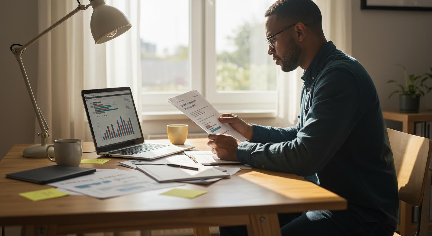 Professionnel concentré examinant des documents et un ordinateur portable dans un bureau lumineux.