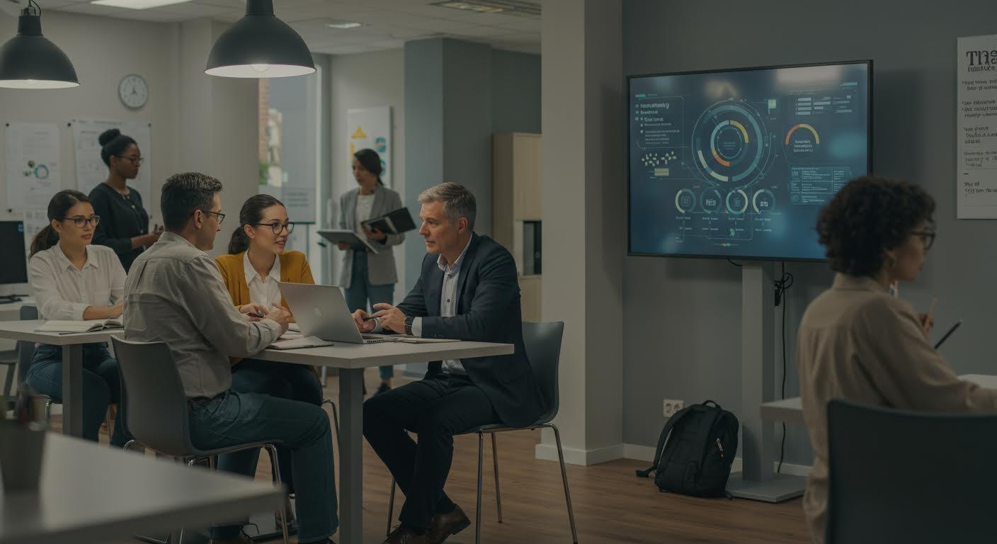 Adultes divers apprenant dans un centre éducatif moderne, utilisant technologies et discussions.