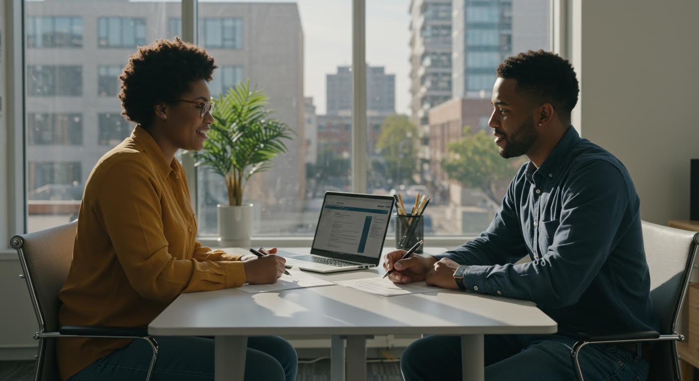 Candidat diversifié consultant un conseiller carrières dans un bureau moderne éclairé.