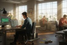 Développeur serein travaillant sur un ordinateur portable dans un bureau moderne et lumineux, entouré de collègues stressés.