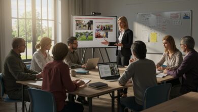 Groupe d'adultes diversifié en formation subventionnée, discutant avec un conseiller.