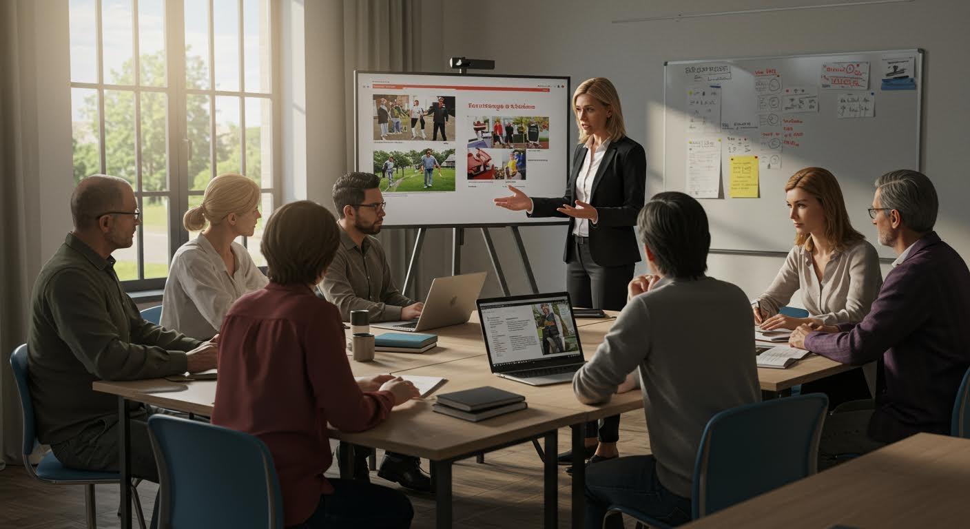 Groupe d'adultes diversifié en formation subventionnée, discutant avec un conseiller.