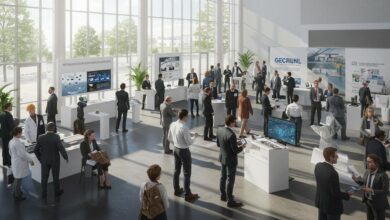 Professionnels divers échangeant à un salon professionnel lumineux et moderne.