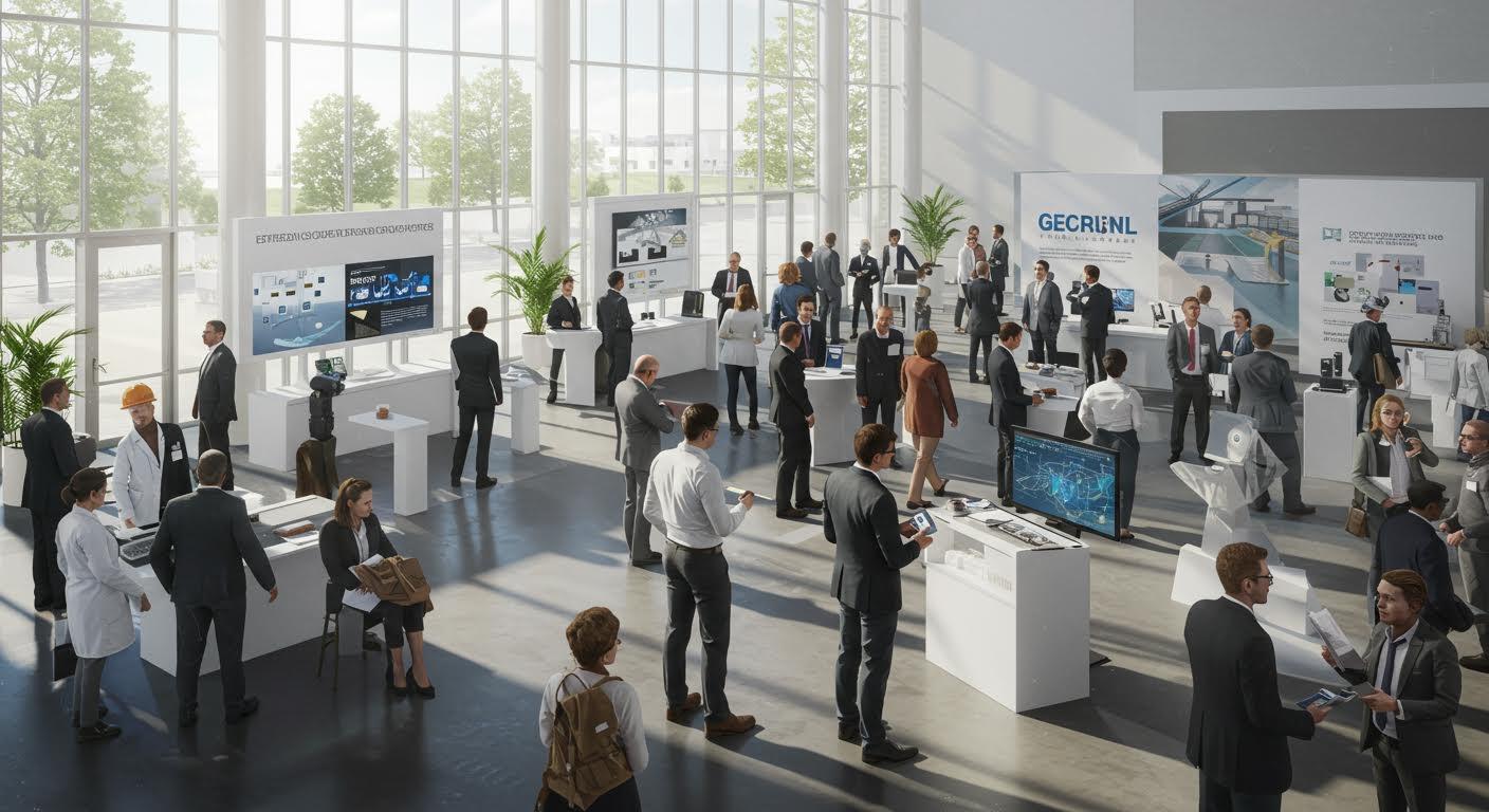 Professionnels divers échangeant à un salon professionnel lumineux et moderne.