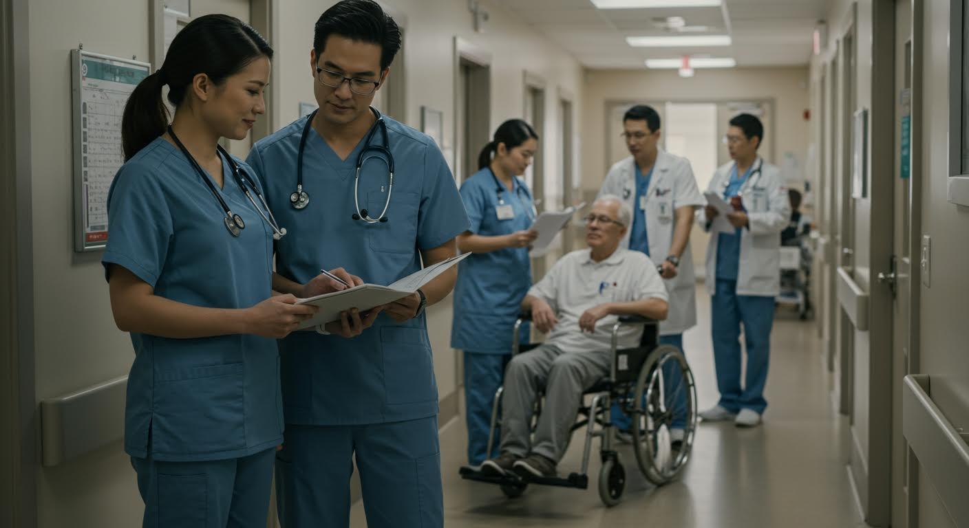 Professionnels de santé diversifiés travaillant activement dans un couloir d'hôpital.