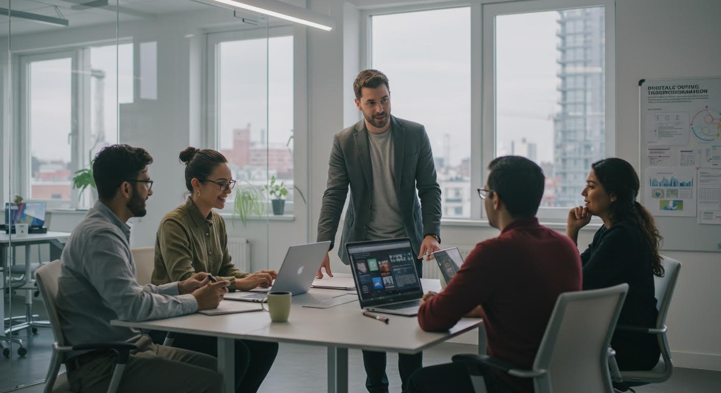 Équipe diverse discutant technologies sur une table de conférence moderne.