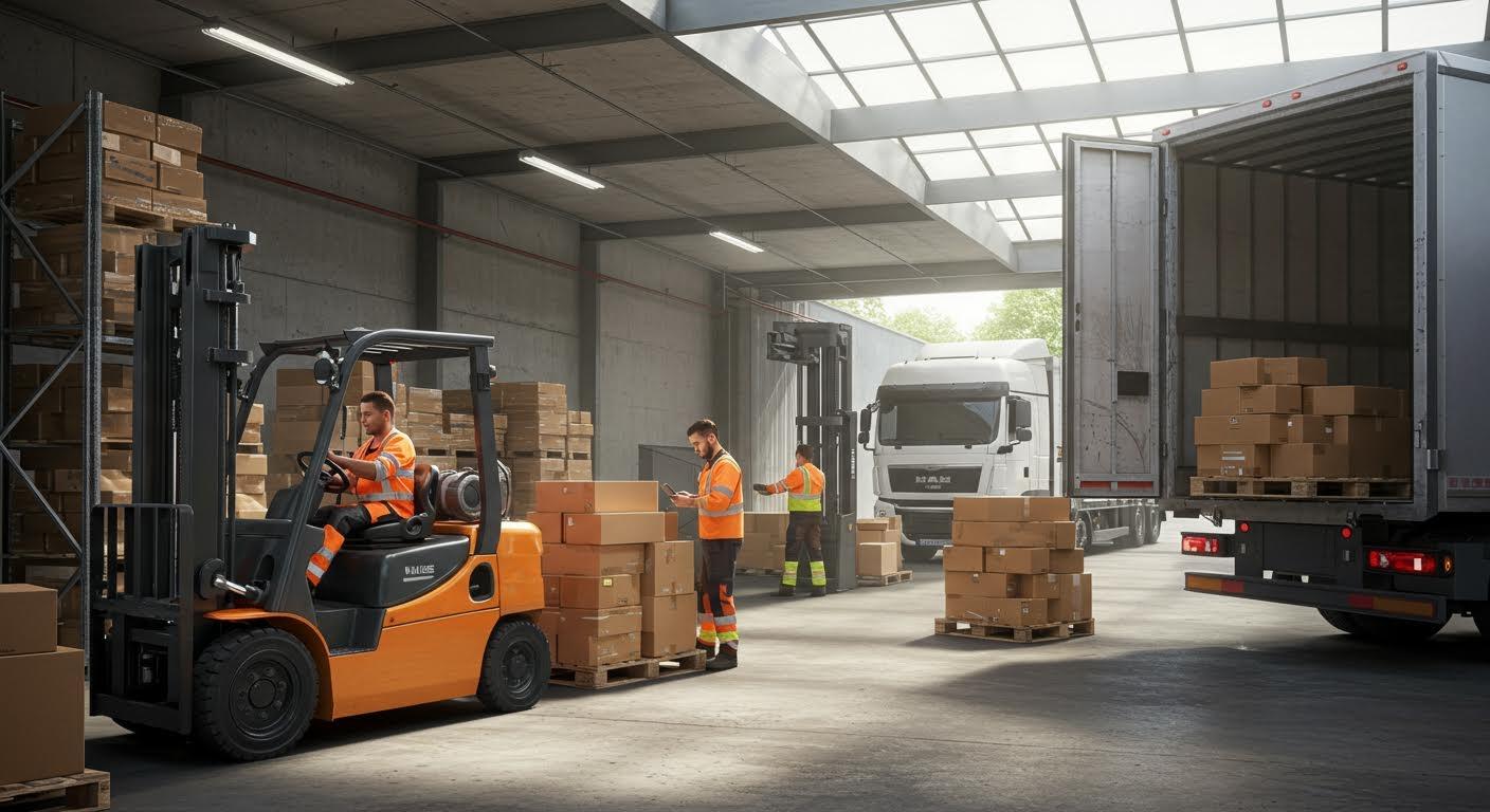 Entrepôt logistique moderne animé, opérateurs en uniformes avec chariots élévateurs.
