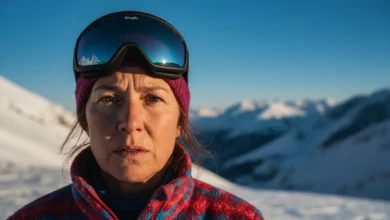 Femme inquiète portant des lunettes de ski relevées sur le front, montagnes enneigées en arrière-plan