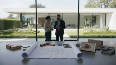 Vue en contre-plongée d’une maison contemporaine d’architecte aux lignes épurées, largement ouverte par de grandes baies vitrées sur un jardin paysagé, avec en premier plan une table où sont étalés des plans d’architecte, une tablette affichant une vue 3D du projet et un couple en discussion avec un architecte, stylos et échantillons de matériaux à la main.