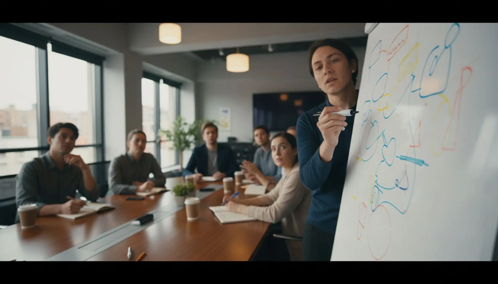 Photo en plan large d’une salle de réunion moderne et lumineuse. Au premier plan, une personne debout trace au feutre noir des pictogrammes et des mots-clés sur un grand panneau blanc ou un paperboard, avec des touches de couleurs vives. En arrière-plan, plusieurs participants assis autour d’une table suivent attentivement, certains prenant des notes, d’autres levant les yeux vers le visuel en construction. L’ensemble dégage une impression de créativité, de clarté et de collaboration.